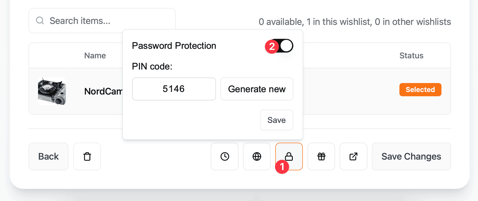 Setting a PIN code for wishlist protection